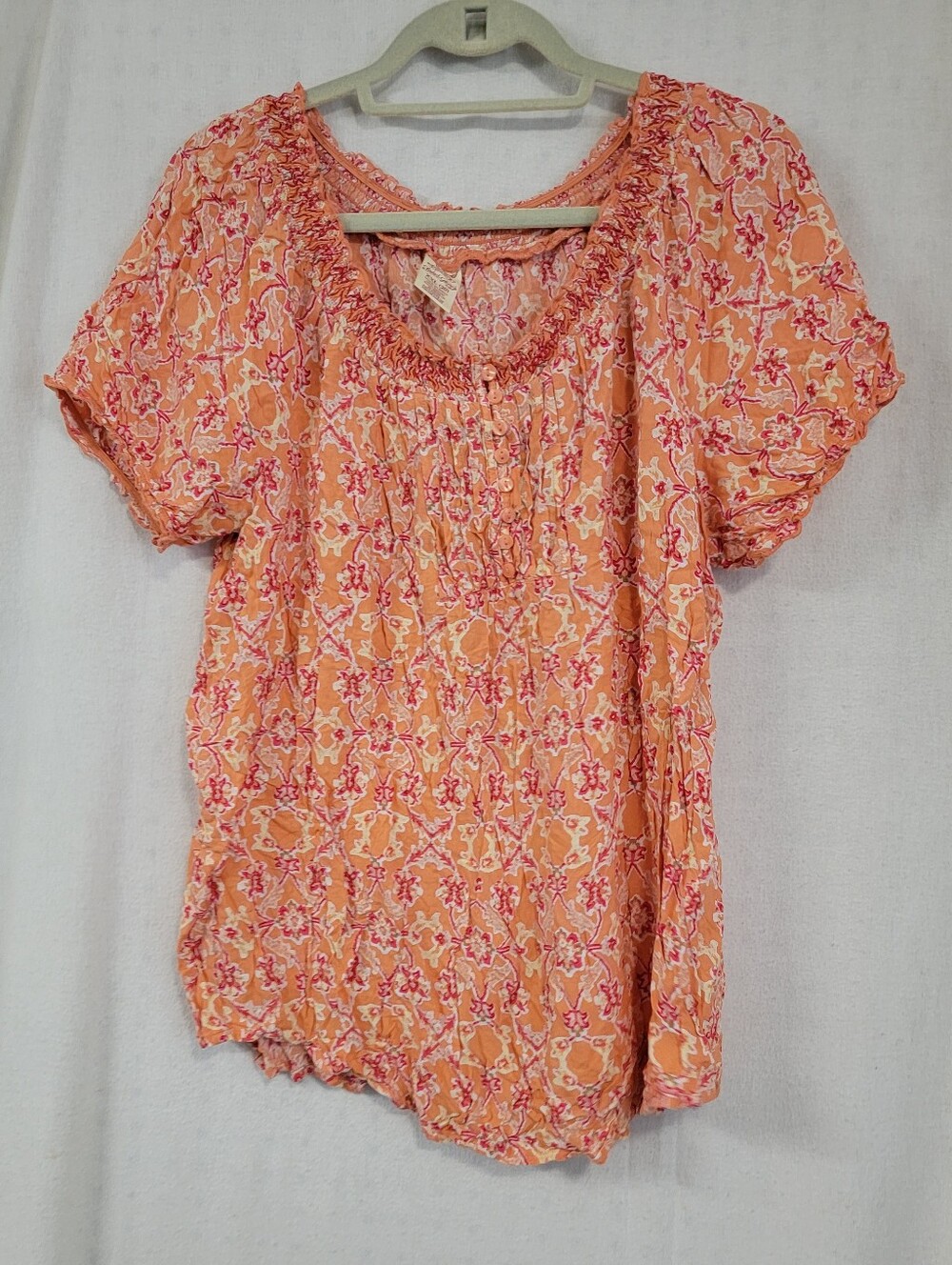 Faded Glory Peach-Pink Floral Short Sleeve Peasant Blouse